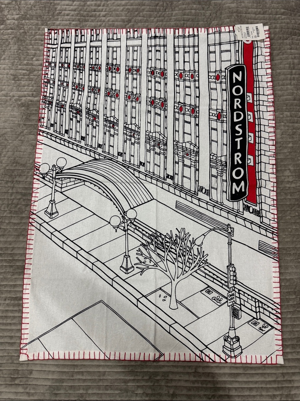 Nordstrom White Tea Towel with Black Cityscape and Red Accents